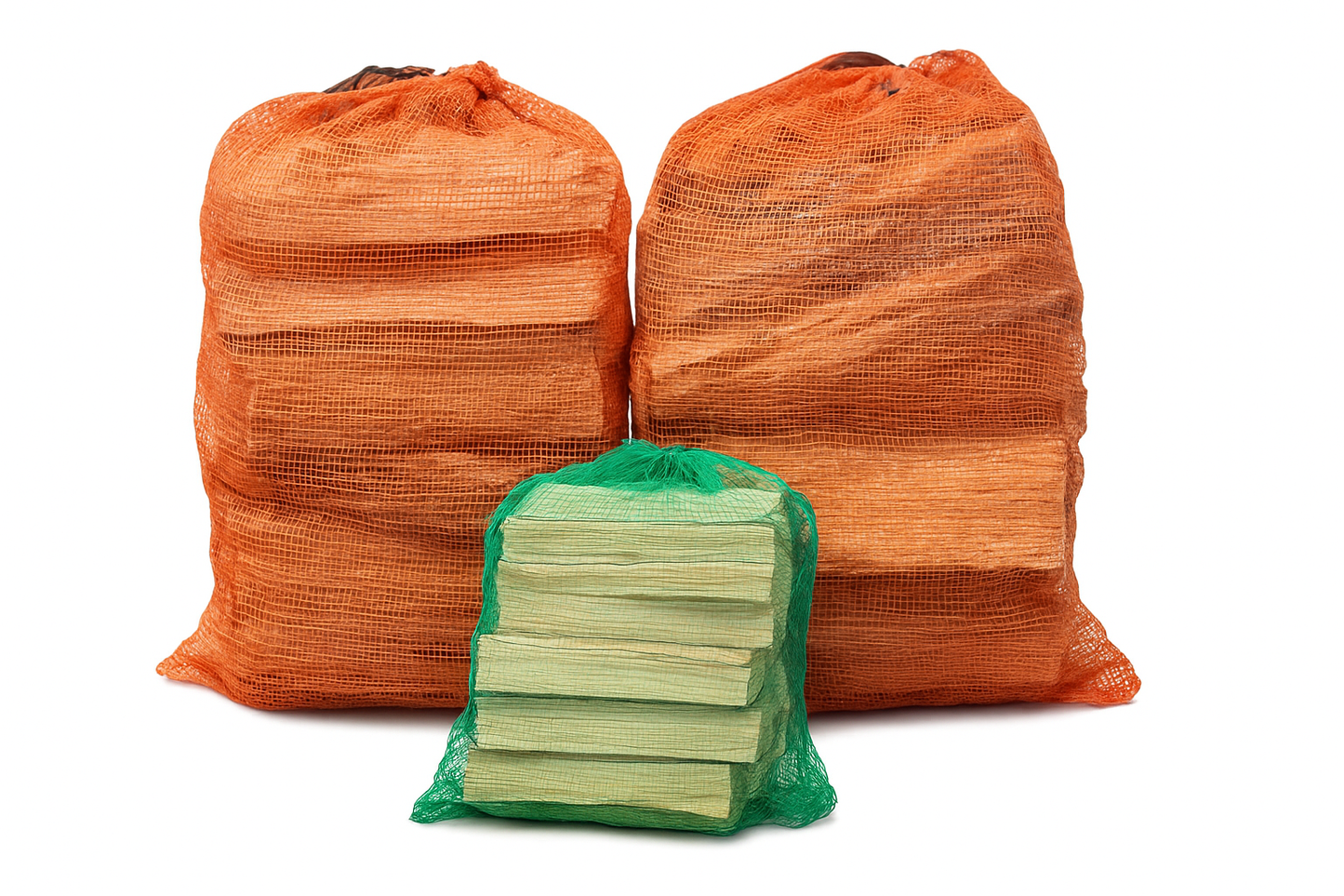 Two orange mesh bags and a green stack of papers on a white background