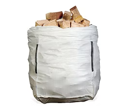 White bag filled with stacked firewood pieces on a white background