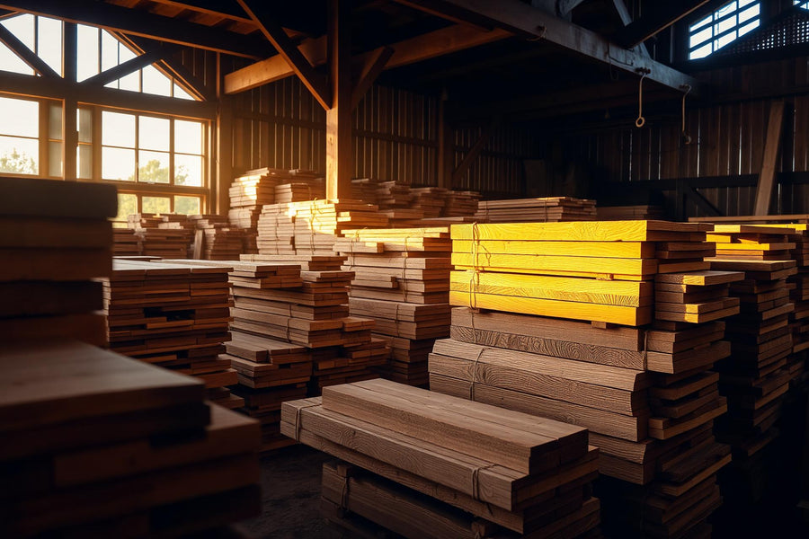 Stacks of wooden planks in a warehouse with natural light filtering through windows.