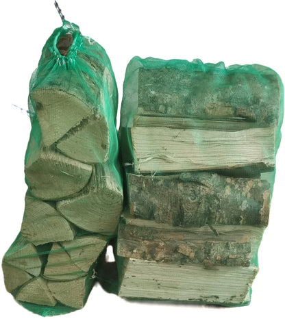 Stack of firewood with a green bag on a white background